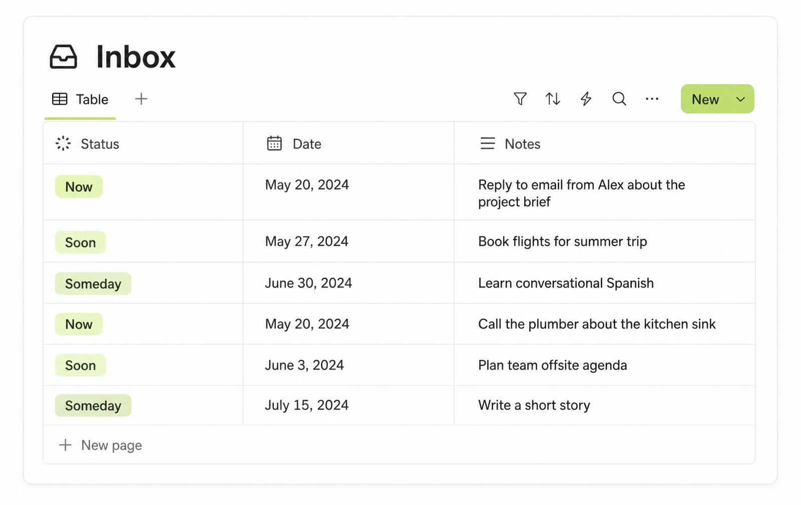 A minimal Notion Inbox database with only Status, Date and Notes columns