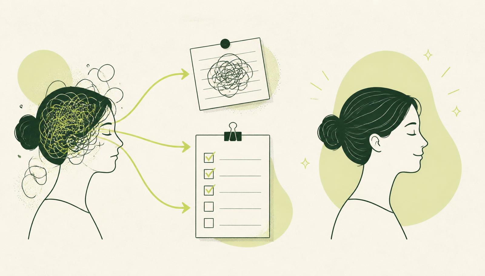 Illustration of offloading: a head with tangled thoughts, arrows moving them onto an external note and checklist, the head lighter afterward