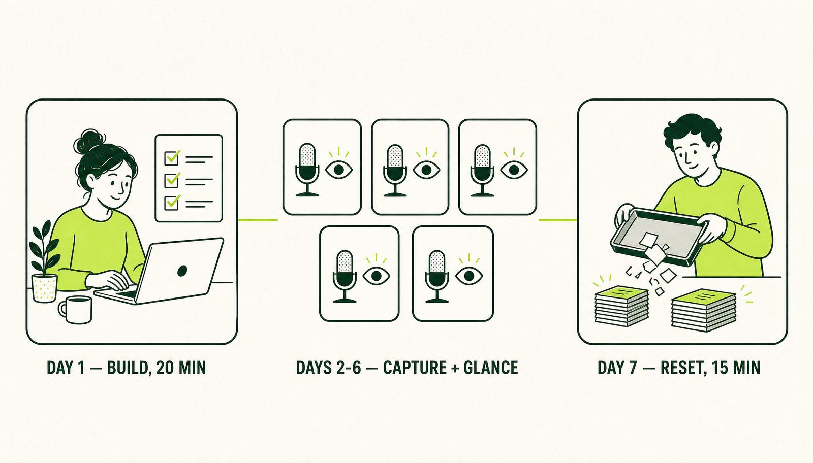 Three-stage weekly timeline: Day 1 a person building a short checklist on a laptop, Days 2 to 6 five small cards with a microphone and an eye, Day 7 a person emptying a tray into two tidy stacks