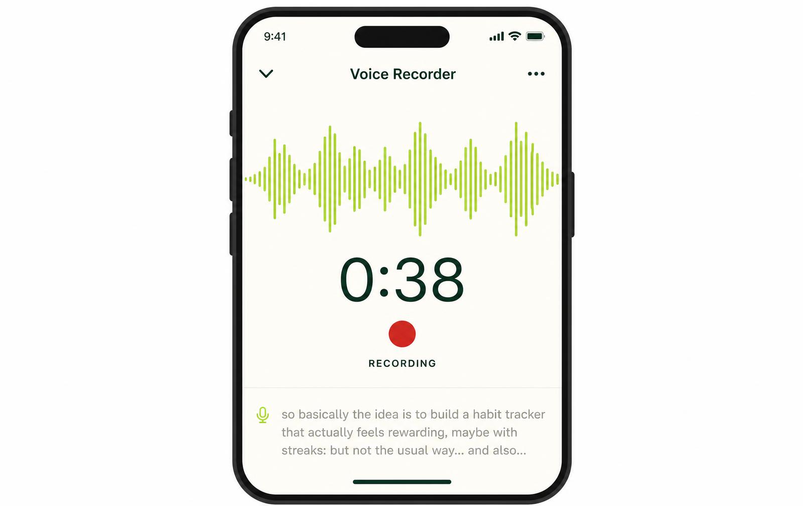 A phone recording a rough spoken brain dump as a voice note