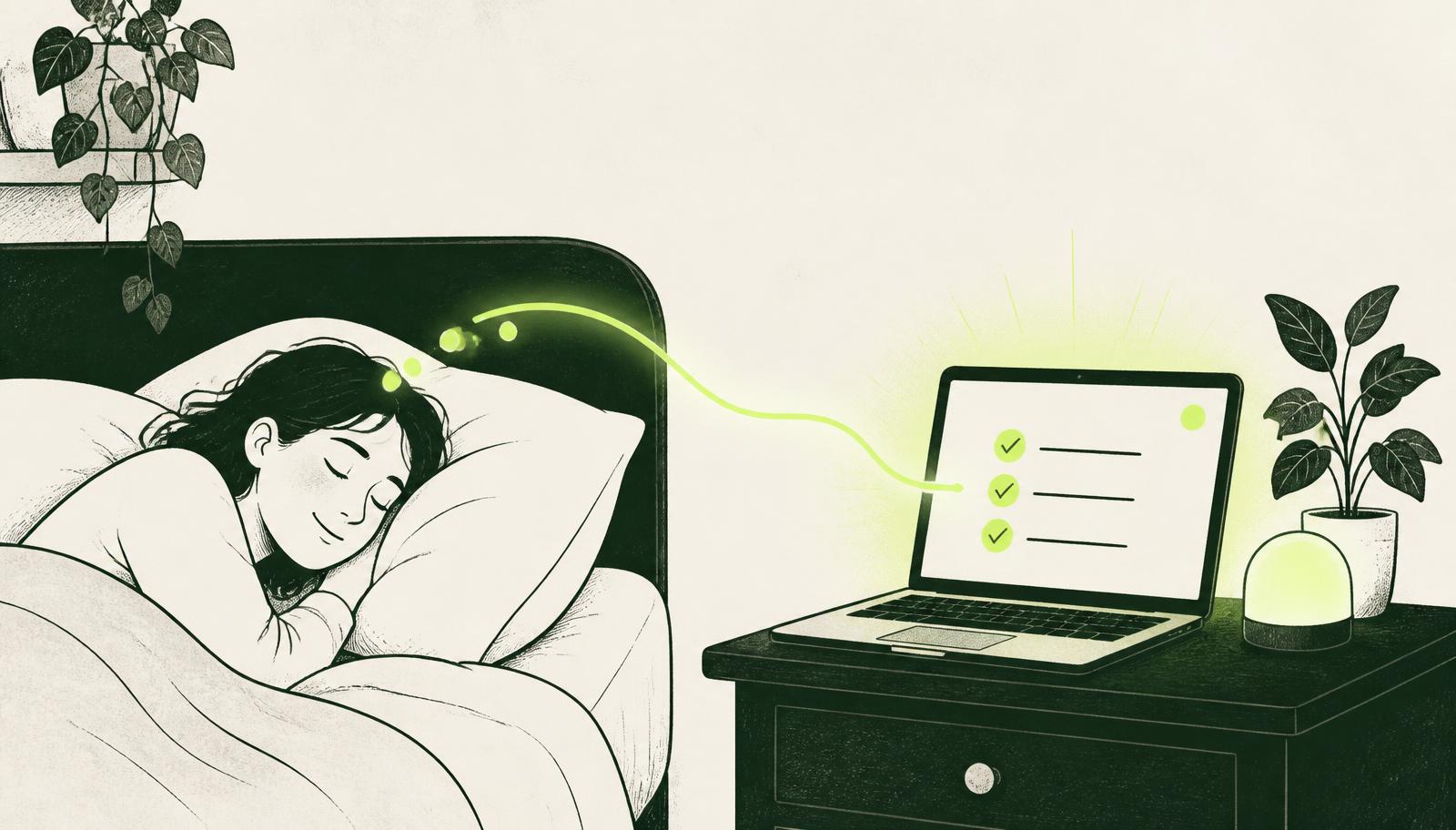 A person sleeping peacefully while a laptop on the bedside table shows a checklist of their tasks, connected to them by a soft glowing line