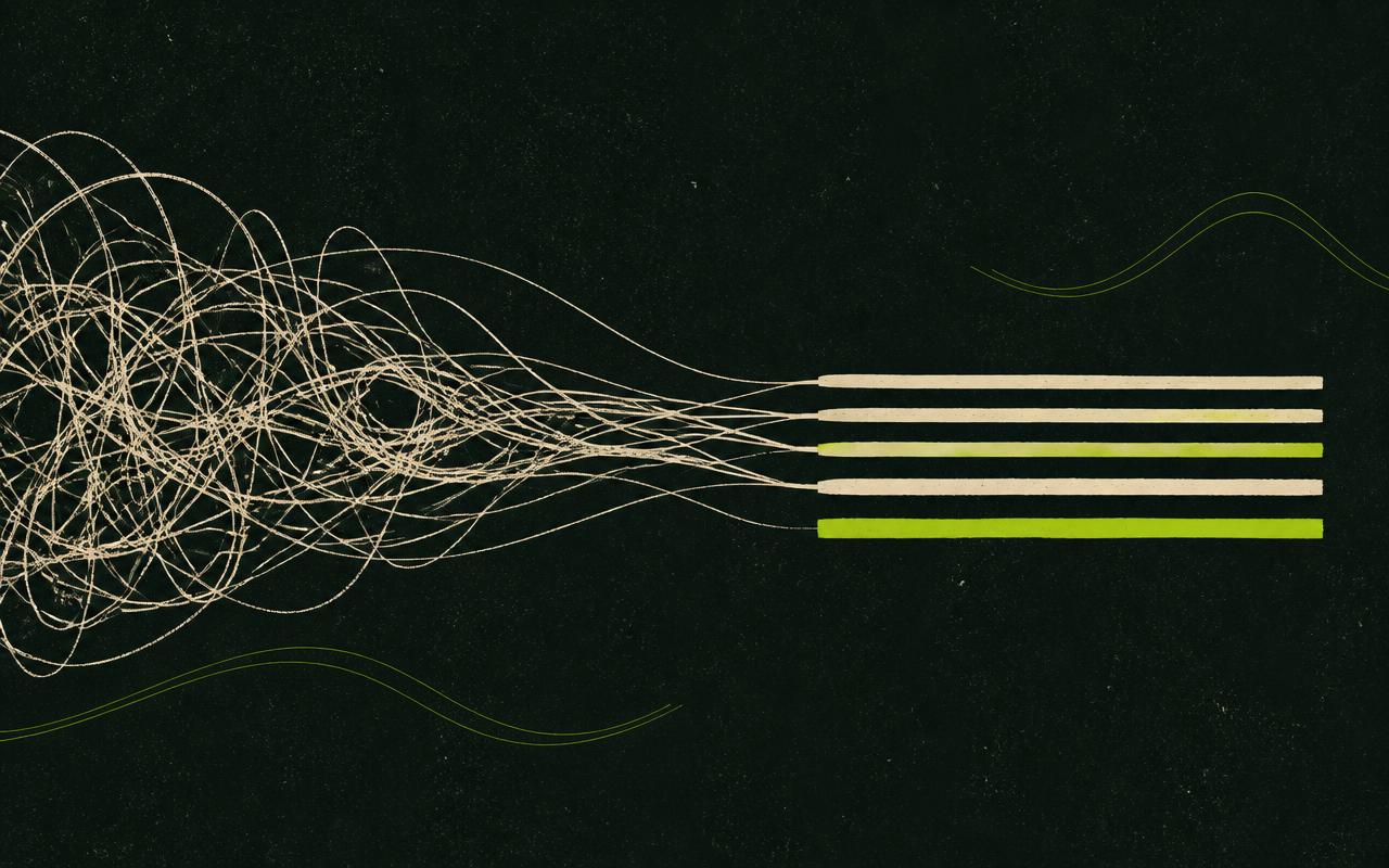 Editorial illustration of tangled cream lines resolving into clean stacked bars with lime accents