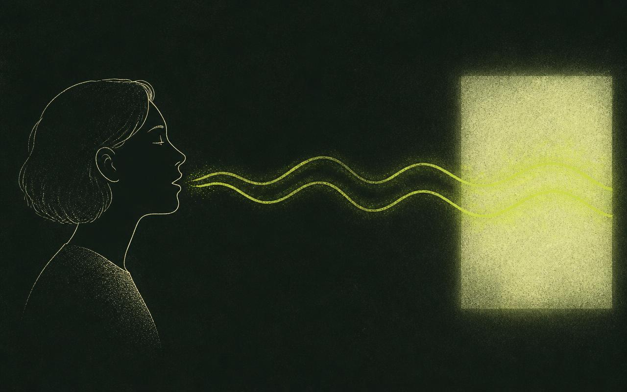 Editorial illustration of a person speaking, a lime sound wave flowing from their mouth into a glowing panel